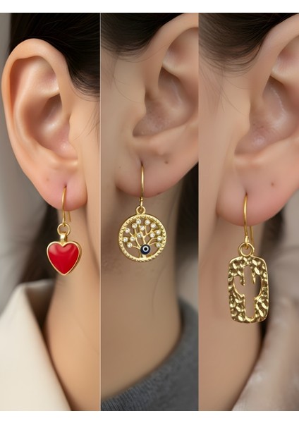 Kaktüs Hayat Ağacı Kırmızı Kalp Sembol Figürlü 3’lü Kadın Küpe Set