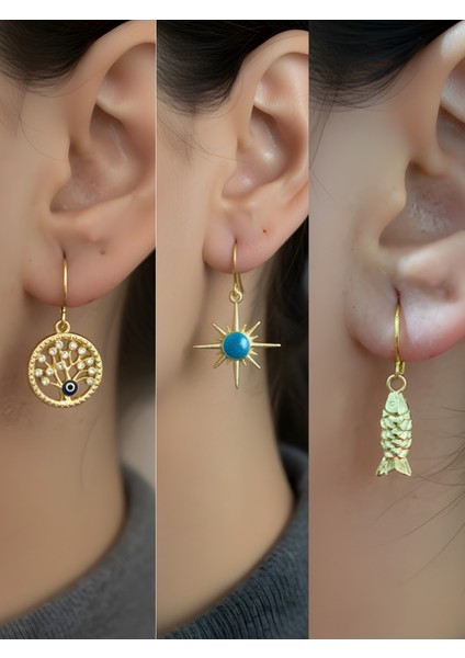 Balık Mavi Kutup Yıldızı Hayat Ağacı Sembol Figürlü 3’lü Kadın Küpe Set