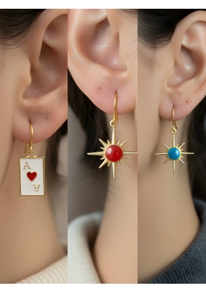 Mavi Kutup Yıldızı Kırmızı Kutup Yıldızı Kupa As Sembol Figürlü 3’lü Kadın Küpe Set