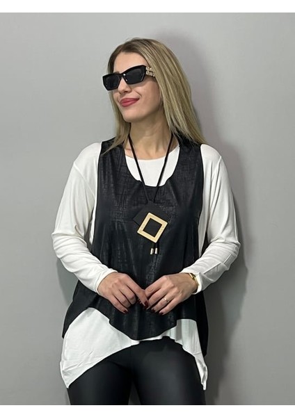 Kadın Siyah Deri Yelekli Kolye Dahil Üçlü Takım fırsatları