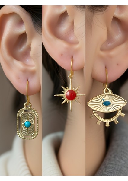 Göz Tablet Kutup Yıldızı Kırmızı Kutup Yıldızı Sembol Figürlü 3’lü Kadın Küpe Set