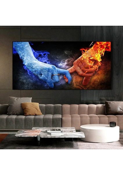 Ateş ve Su Romantik Aşk Temalı Hd Baskı Yatay Panoramik Kanvas Tablo Salon Dekoru
