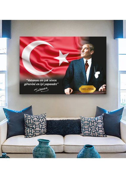 Atatürk Portre Tablo Ev Ofis Dekoratif Kanvas Tablo Türk Bayraklı