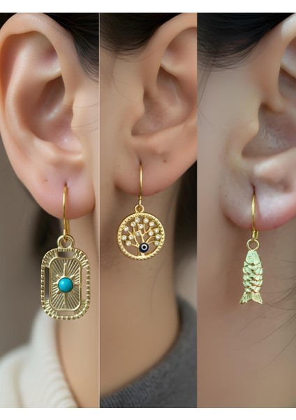 Balık Tablet Kutup Yıldızı Hayat Ağacı Sembol Figürlü 3’lü Kadın Küpe Set