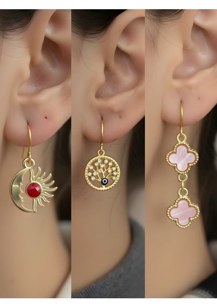 Pembe Yonca Hayat Ağacı Ay Güneş Sembol Figürlü 3’lü Kadın Küpe Set