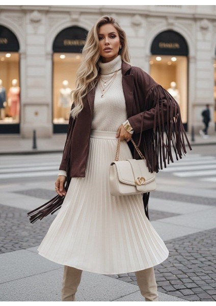 Püsküllü Süet Uzun Kollu Kovboy Kadın Ceket