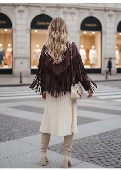 Püsküllü Süet Uzun Kollu Kovboy Kadın Ceket modelleri