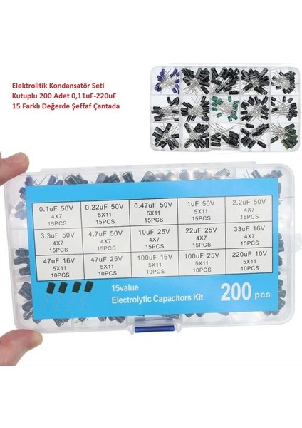 Elektrolitik Kondansatör Seti Kutuplu 200 Adet 0,11UF-220UF 15 Farklı Değerde Şeffaf Çantada
