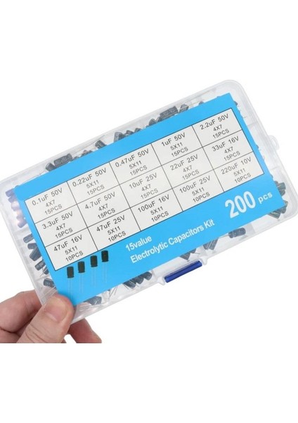 Elektrolitik Kondansatör Seti Kutuplu 200 Adet 0,11UF-220UF 15 Farklı Değerde Şeffaf Çantada fiyatları