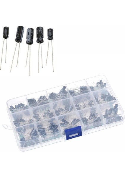 Elektrolitik Kondansatör Seti Kutuplu 200 Adet 0,11UF-220UF 15 Farklı Değerde Şeffaf Çantada modelleri