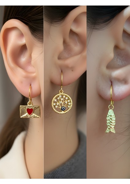 Balık Hayat Ağacı Kalp Zarf Sembol Figürlü 3’lü Kadın Küpe Set