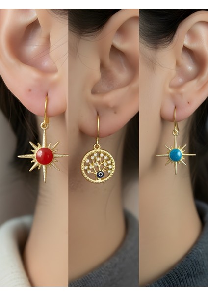 Mavi Kutup Yıldızı Kırmızı Kutup Yıldızı Hayat Ağacı Sembol Figürlü 3’lü Kadın Küpe Set