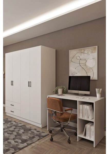 Ases HDF5358 Genç Odası Gardırop ve Çalışma Masası Hediyeli Beyaz - Safir Meşe