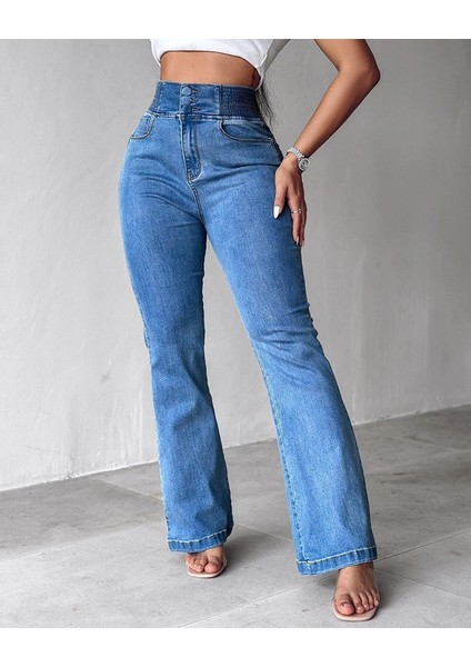 Kadın Yüksek Bel Yanları Lastik Önü Düğmeli Kot Pantolon indirimleri