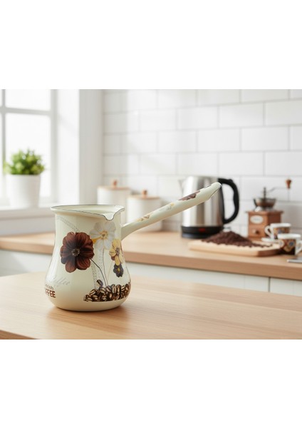 Emaye Çiçek Desenli Büyük Boy Cezve 450ML (10CMX11CM)