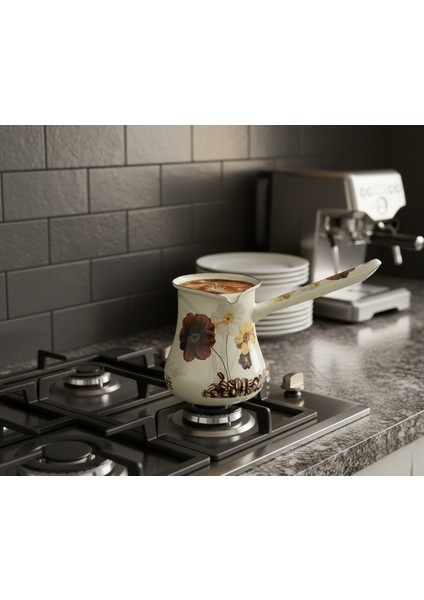 Emaye Çiçek Desenli Büyük Boy Cezve 450ML (10CMX11CM)