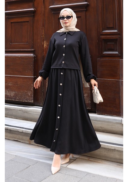 Gömlek Yaka Tesettür Tunik Etek Ikili Takım 0223-06 Siyah