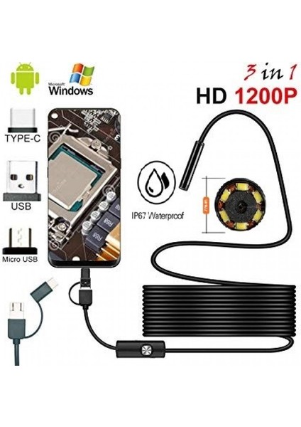Endoskop Yılan Kamera Android Uyumlu LED Işıklı 5 Metre Sert Kablo Su Geçirmez