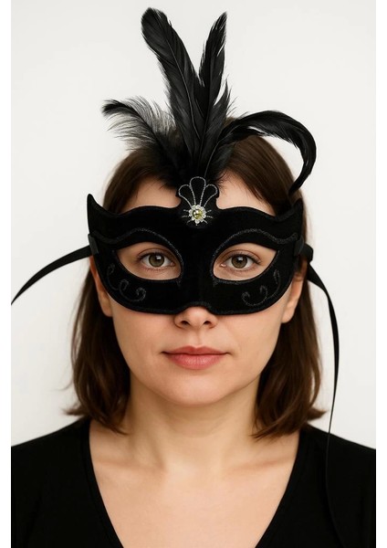 Bfs Siyah Renk Tüylü Siyah Süet Kaplama Parti Balo Maskesi 20X16 cm fırsatları