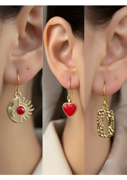 Kaktüs Kırmızı Kalp Ay Güneş Sembol Figürlü 3’lü Kadın Küpe Set