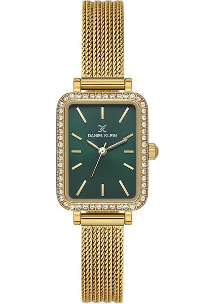 Danıel Kleın DKE.1.10969-2 Altın Kaplama Yeşil Kadran Dikdörtgen Hasır Kordon Taşlı Kadın Kol Saati