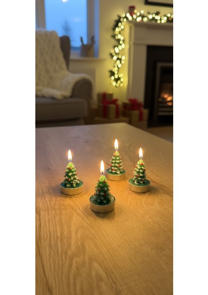 Yılbaşı Temalı 4 Lü Çam Ağacı Dekoratif Tealight Mum fiyatları