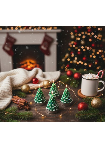 Yılbaşı Temalı 4 Lü Çam Ağacı Dekoratif Tealight Mum modelleri