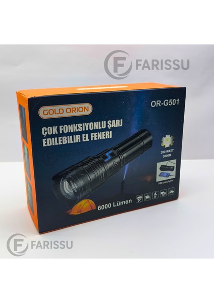 OR-G501 Geceyi Gündüze Çeviren 3 Km Menzilli Dev Projektör Fener (Powerbank Özellikli Yedek Pilli Full Set)