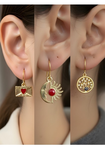 Hayat Ağacı Ay Güneş Kalp Zarf Sembol Figürlü 3’lü Kadın Küpe Set