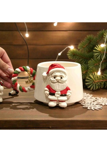 3D Kabartmalı Yeni Yıl 2026 Veya Harf Charm Hediyeli El Yapımı Seramik Noel Baba Kupa Bardak