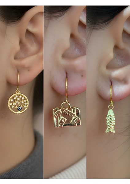 Balık Bavul Hayat Ağacı Sembol Figürlü 3’lü Kadın Küpe Set