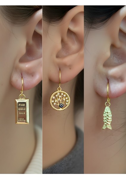 Balık Hayat Ağacı Külçe Altın Sembol Figürlü 3’lü Kadın Küpe Set