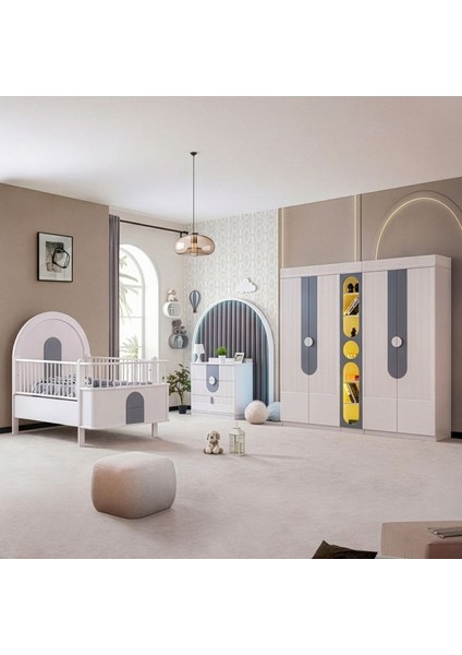 Venüs Çocuk Odası Takımı, Venüs Büyüyen Beşik, Vira 4 Kapaklı Kitaplıklı Dolap, Şifonyer - Gri