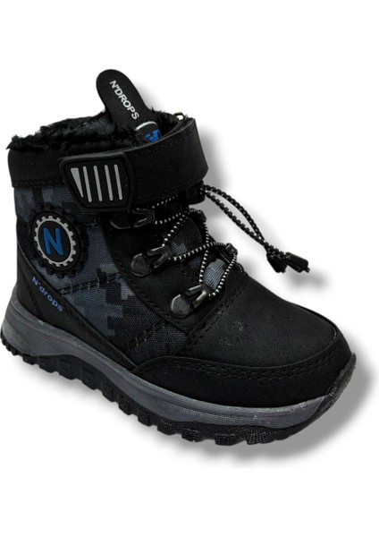 015-26 Deri Kürklü Kamuflaj Paraşüt Kumaş Çocuk Bot Siyah Sax 26-30