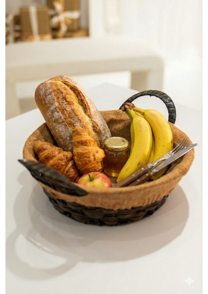 Hasır Sepet Kulplu Jüt Kumaşlı Dekoratif Organizer - Ekmek Sepeti fırsatları