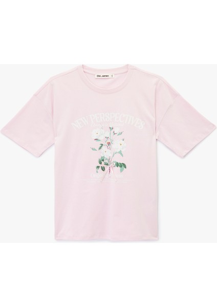 Kısa Kollu Bisiklet Yaka Pamuklu Çiçek Baskılı Oversize Tişört