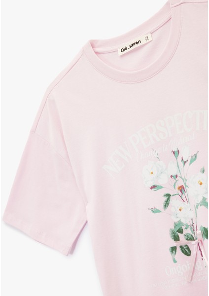 Kısa Kollu Bisiklet Yaka Pamuklu Çiçek Baskılı Oversize Tişört modelleri