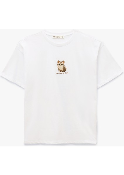 Kısa Kollu Bisiklet Yaka Pamuklu Kedi Nakışlı Oversize Tişört