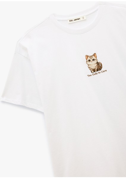 Kısa Kollu Bisiklet Yaka Pamuklu Kedi Nakışlı Oversize Tişört modelleri