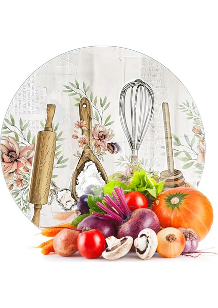 Cam Kesme Tahtası ve Sunumluk Yuvarlak Kitchenware Desenli 30 x 30 cm
