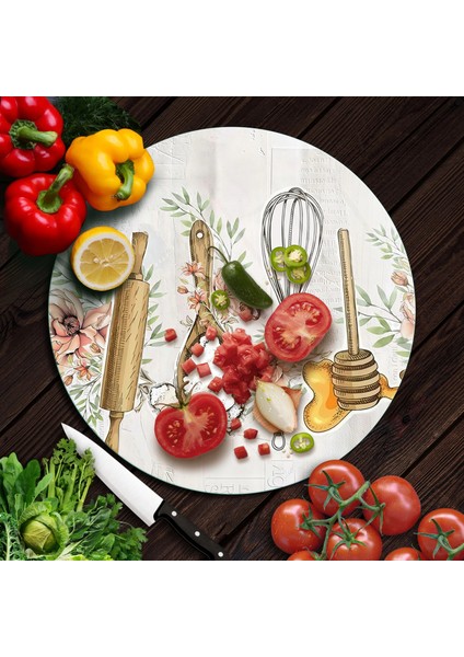 Cam Kesme Tahtası ve Sunumluk Yuvarlak Kitchenware Desenli 30 x 30 cm modelleri