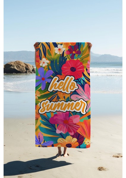 Dijital Baskı Plaj Deniz Havlusu Hello Summer Desenli Peştamal HVL0095