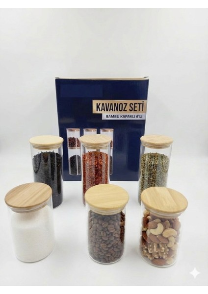 6'lı Bambu Kapaklı Hava Geçirmez Cam Kavanoz Seti - Baharat Kuruyemiş Bakliyat Çay Kahve Şeker Tuz Saklama Kabı Mutfak Düzenleyici