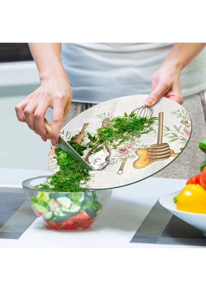 Cam Kesme Tahtası ve Sunumluk Yuvarlak Kitchenware Desenli 30 x 30 cm