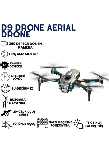 D9 Su Geçirmez Amatör Drone – 4K Kameralı, Fırçasız Motorlu, Akıllı Engel Kaçınma, Ayarlanabilir Elektrikli Kamera, Ekranlı Uzaktan Kumanda Çantalı modelleri