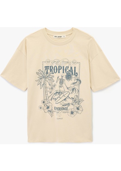 Pamuklu Kısa Kollu Bisiklet Yaka Kuru Kafa Baskılı Oversize Tişört