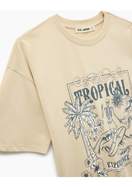 Pamuklu Kısa Kollu Bisiklet Yaka Kuru Kafa Baskılı Oversize Tişört modelleri