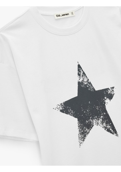 Arkası Yıldız Baskılı Kısa Kollu Bisiklet Yaka Oversize Tişört modelleri