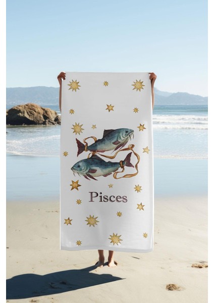 Dijital Baskı Plaj Deniz Havlusu Balık Burcu Desenli Peştamal HVL0038