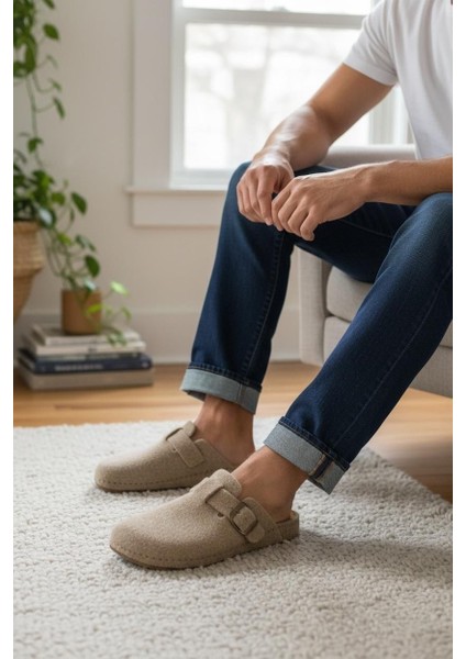 Tam Ortopedik Keçe Erkek Rahat ve Hafif Şık Bej Ev Terliği